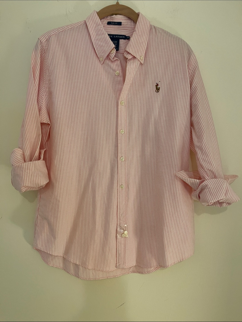 Polo by Ralph Lauren Pink Striped Oxford Shirt Woman’s Slim Fit size 12